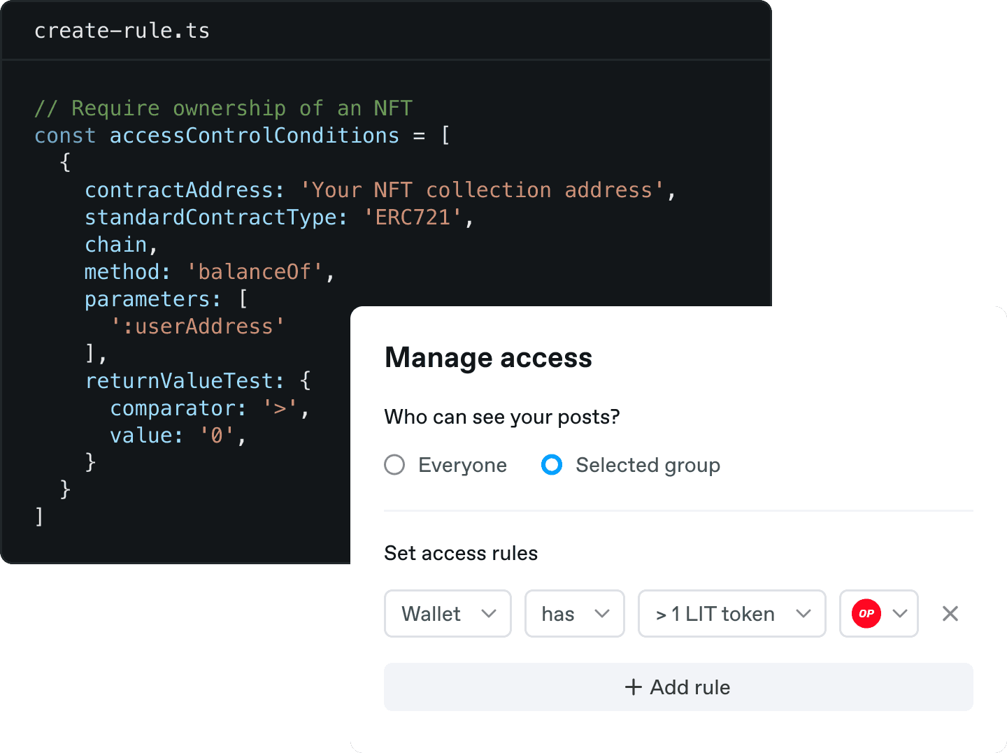 Access control modal with option to add rules